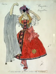 Návrh kostýmu pro operu Carmen Georgese Bizeta (1838-1875). Dílo Alexandra Jakovleviče Golovina (Alexandre Golovine) (1863-1930), inkoust a akvarel na papíře