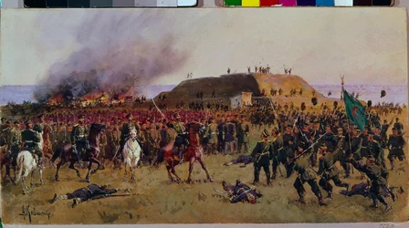 Dobytí pevnosti Gorni Dubnik (Gorni-Dubnik) 24. října 1877. Rusko-turecká válka: bitevní scéna mezi kozáky ruské armády a vojáky Osmanské říše, vojenská epizoda pro kontrolu průchodu Shipka (Bulharsko).