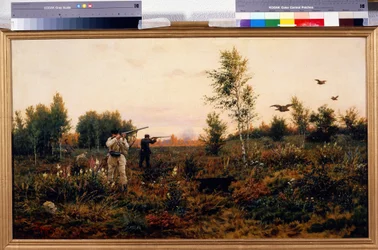 Blackcock Střelba. Lovecká scéna. Obraz Alexeje Daniloviče Kivšenka (1851-1895), olej na plátně