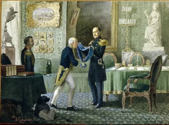 Ruský císař Mikuláš I. (1796-1855) předává modrou stuhu Řádu svatého Andreho hraběti Michailu Speranskému (1772-1839). (Císař Mikuláš I. uděluje hraběti Michailu Speranskému modrou stuhu řádu sv. Ondřeje). Dílo Alexeje Daniloviče