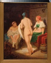 Dans le bain devapor (V parní lázni) - Dílo Alexeje Gavriloviče Venetsianova (1780-1847), olej na kartonu, konec roku 1820, ruské umění 19. století, romantismus - Státní Treťjakovská galerie, Moskva