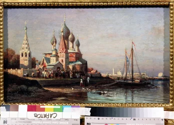 Velikonoční procesí v Jaroslavi (Rusko). Obraz Alexeje Petroviče Bogolyubova (Bogoliubov nebo Bogolioubov) (1824-1896). Olej na plátně, 34,5 x 25,6 cm