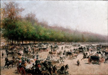 Pohled na provoz kočárů poblíž Porta Venezia v Miláně (malba, kolem roku 1850)