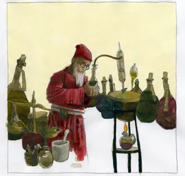 Alchymista ve své laboratoři obklopený lahvičkami a fotografiemi Ilustrace Alessandro Lonati