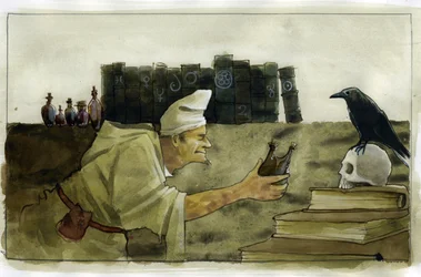 Alchymista ve své laboratoři s havranem, lebkou Ilustrace Alessandro Lonati