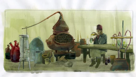 Alkemisti laboratoriossaan purkkien ja still-kuormituksen kanssa (alkemisti laboratoriossa purkkien ja still-kuvioiden kanssa) Kuvitus: Alessandro Lonati