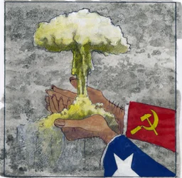 Alegorické zobrazení studené války jako amerických a sovětských rukou držících atomový mrak, ilustrace Alessandra Lonatiho