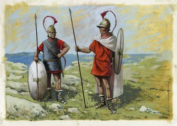 Starověké Řecko: tureoforský žoldák (Thureophoros nebo Thureophoroi) (3.-1. století př. n. l.) (vpravo) a torakité (Thorakitai) (vlevo). Kresba Alessandro Lonati