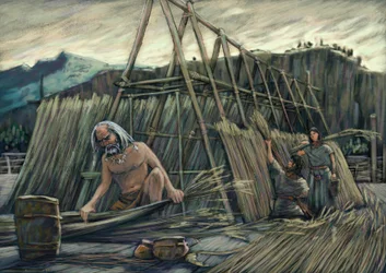 Výstavba palafitových domů, prehistorických domů.