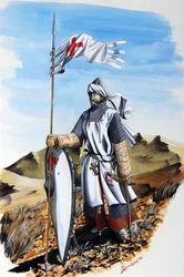 Křížové výpravy: rytíř Řádu templářů v bílém plášti s červeným křížem. Ilustrace Alessandro Lonati