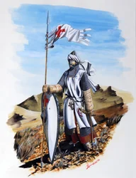 Křížové výpravy: rytíř Řádu templářů v bílém plášti s červeným křížem. Ilustrace Alessandro Lonati