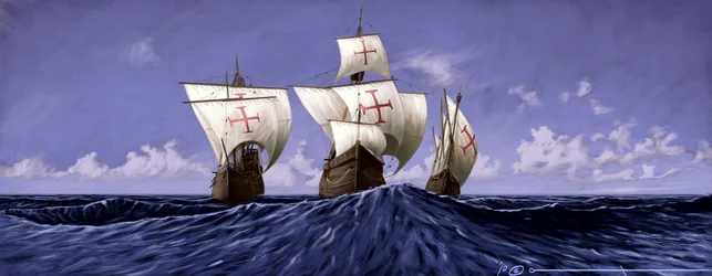 Objevte Ameriku: „Pinta“, „Nina“ a „Santa Maria“, karavely Kryštofa Kolumba během expedice v roce 1492. Ilustrace Alesandro Lonati. 2010