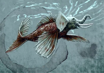Fantastičtí netvoři a tvorové, kryptozoologie: zobrazení makary, vodního zvířete z mytologického bestiáře Indie; má chobot, který ho přibližuje rypouši, zub krokodýla a rybí ocas