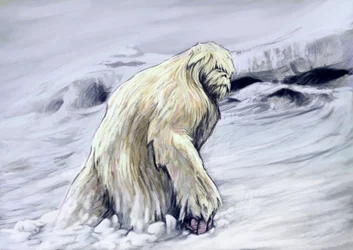 Fantastická monstra a stvoření, kryptozoologie: reprezentace yettiho nebo antropomorfního stvoření „ohavného sněhuláka“ z folklóru himálajské oblasti (Yeti nebo ohavný sněhulák je opičí kryptid, o kterém se říká, že obývá himálajskou oblast Ne