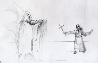 Boj mezi mnichem držícím krucifix a duchem Ilustrace Alessandro Lonati