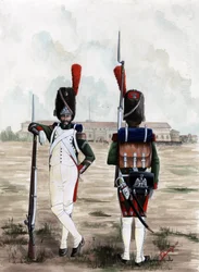 První císařství (1804-1814 a 1815): Granátní vojáci Královské gardy Velké napoleonské Armee na náměstí hradu Sforzesco v Miláně, Itálie. Kresba Alessandro Lonati