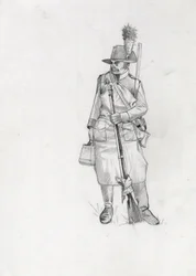 Ensimmäinen valtakunta (1804-1814 ja 1815): Itävalta-Unkarin armeijan (Itävalta-Unkarin) sotilas, pioneerisapeur (tai pioneeri). Piirustus Alessandro Lonati