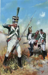 První císařství (1804-1814 a 1815): vojáci velké napoleonské armády v Itálii na pomoc zraněnému soudruhovi. Kresba Alessandro Lonati