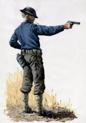 První světová válka 1914-1918: Americký armádní pěšák s pistolí v roce 1917 na západní frontě. Kresba Alessandro Lonati