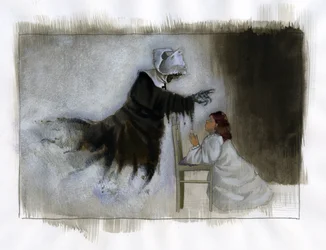 Duch postarší jeptišky s křivýma rukama se zjevuje malé dívce, která se modlí Ilustrace Alessandro Lonati