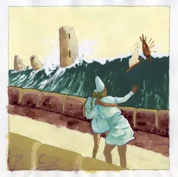 Ilustrace mýtu o ostrově zmizelém pod Atlantským mořem (Atlantis): pohled na tsunami zaplavující řecké město legendárního ostrova. Barevná kresba Alessandra Lonatiho.