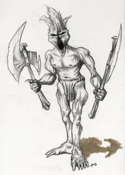 Legendární monstrum pro Fantasy Ilustrace: trolí válečník se sekerami. Kresba Alessandro Lonati