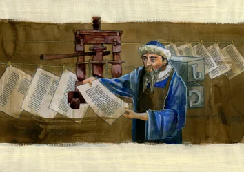 Portrét Johannese Gensfleisch dit Gutenberg (1400-1468), německý tiskař (Portrét Johannese Gutenberga) Ilustrace Alessandro Lonati