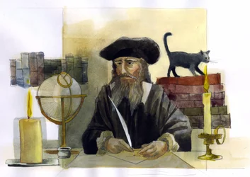 Portrét Michela de Notre Dame (Nostradamus) anglický astrolog - Portrét Nostradama, Michel de Notre Dame (1503-1566) astrolog a lékař francais Ilustrace Alessandro Lonati