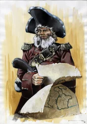 Portrét piráta (soukromníka) nebo námořníka na sobě tricorn s mapou pokladníka v rukou. Barevná kresba Alessandra Lonatiho.
