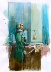 Reprezentace Antoina Lavoisiera (1743-1794) Francouzský chemik, filozof a ekonom (Portrét francouzského šlechtice a chemika Antoina Lavoisiera) Ilustrace Alessandro Lonati