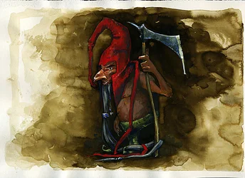 Znázornění Red Cap (Red cap, powrie or dunter, Red-Bonnet) legendární zlovolné stvoření z rodu Goblin z britského folklóru - (redcap, zlomyslný vražedný trpaslík, goblin, elf nebo víla nalezená v Border Folklore) Ilustrace Alessandro Lo
