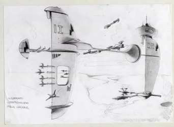 Sci-fi ilustrace: vesmírná základna ve vesmíru s loděmi. Kresba Alessandro Lonati