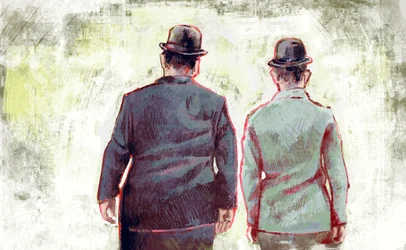 Stan Laurel a Oliver Hardy pochodují k obzoru (ilustrace)