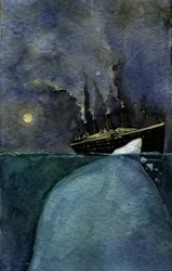 Pohled na transatlantickou loď Titanic v době potopení 14. a 15. dubna 1912 způsobené srážkou s ledovcem. Ilustrace Alessandro Lonati. 2011
