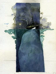 Pohled na transatlantickou loď Titanic v době potopení 14. a 15. dubna 1912 způsobené srážkou s ledovcem. Ilustrace Alessandro Lonati. 2011