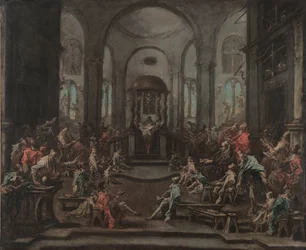 Interiér synagogy, asi 1725-35 (olej na plátně)