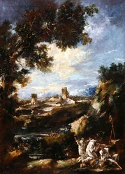 Krajina s karmelitánskými mnichy modlícími se ve svatyni u silnice, kolem roku 1720 (olej na plátně)