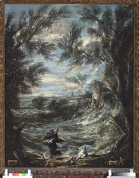 Svatý Augustin a dítě (St Augustine And The Baby). Obraz od Alessandra Magnasca známý jako il Lissandrino (1667-1749)