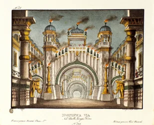 Chrám v době Čingischána Scénografie pro balet „“ Genis-Kan “ italského choreografa Giovanniho Galzeraniho (1780-1865) (1828). Litografie ve „“ Sbírce scénických vynálezů z roku 1830 od Alessandra Sanquirica (1777-1849) ““. milánský privát