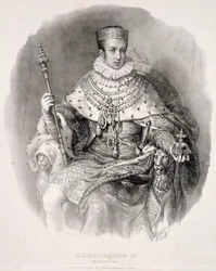 Ferdinand I. (1793-1875), král Lombardsko-benátského království, ve státním rouchu, z díla „Korunovace Jeho císařského a královského Veličenstva Ferdinanda I., krále Lombardsko-benátského království“, vydáno 1838