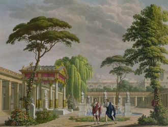 Zahrady domu Diomede v Pompejích, dekorace pro operu „Poslední dny Pompejí“ od Giovanniho Paciniho (1796-1867), uvedené v La Scale, Milán, 1827