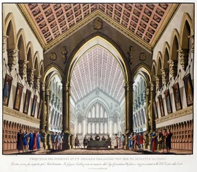 Scénografie Sanquirica pro operu „La gazza ladra“ Gioacchina Rossiniho zastoupená v Teatro alla Scala v Miláně v roce 1817: Tribunal du Podestat u Paříže.