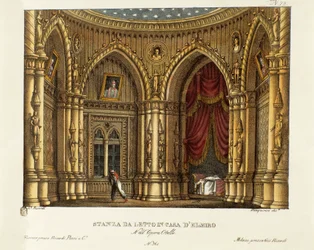Ložnice Elmire (nebo Elmira). Scénografie k opeře „Otello“ Gioachina Rossiniho (1816), podle hry Williama Shakespeara „Othello, mouřenín benátský“, 1830