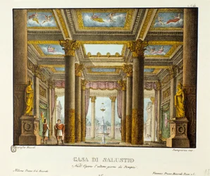 Pohled na dům Salustio (Saluste) Scénografie k zobrazení Giovanniho Paciniho „Poslední den Pompejí“ (Poslední den Pompejí). Litografie ve „“ Sbírce scénických vynálezů z roku 1830 od Alessandra Sanquirica (1777-1849) ““. Milán