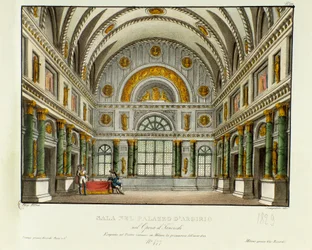 Pohled na palác krále Syrakus Argirio Scénografie pro představení opery „Tancredi“ (nebo Tancrede) od Gioacchina Rossiniho (nebo Gioachino) (1813) v Miláně v roce 1829 podle Voltairova díla „Tancrede“. Litografie v „“ Raccolta di invenzion