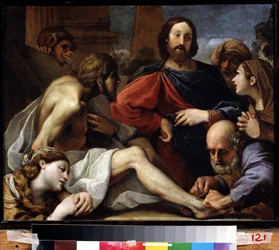 Vzkříšení Lazara. Obraz Alessandra Tiariniho (1577-1668). Olej na dřevě, 39 x 49 cm. Boloňské umění, italské barokní umění. Státní muzeum umění, Jekatěrinburg.