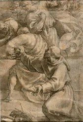 Fragment scény Nanebevzetí (): Františka z Assisi v popředí.