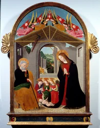 Narození. Obraz od Esigua Maestra (15. století). Olej na plátně. Rozměr: 0,88 x 0,57 m. Rouen, Muzeum výtvarných umění