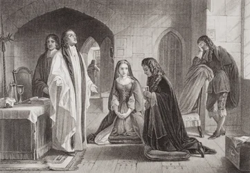 Lord William Russell přijímá svátost před svou popravou 21. července 1683, z knihy "Ilustrace k anglickým a skotským dějinám", I. díl (rytina)
