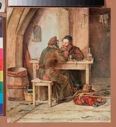 Dans une taverne - V taverně - Dílo Alexandra Antonoviče Rizzoniho (1836-1902), akvarel na papíře